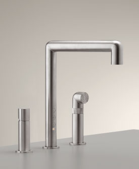 Three-hole mixers for filtered and boiling water with pull-out hand-shower