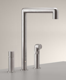 Three-hole mixers for filtered water with pull-out hand-shower